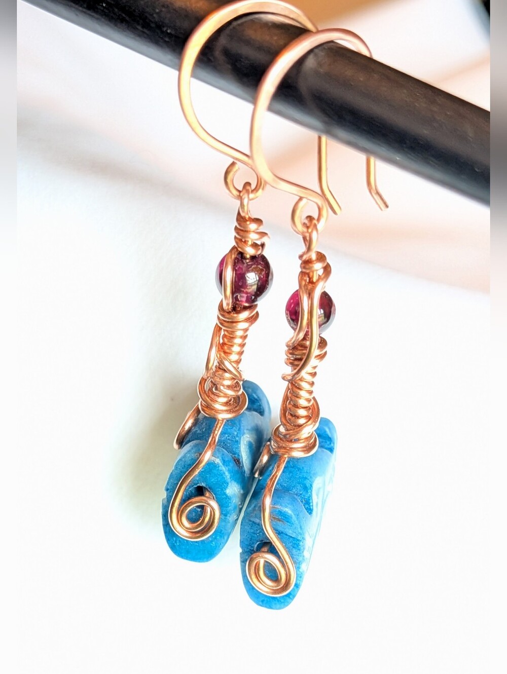 Viking Inspired Earrings Carved Vintage Glass And Garnets In Copper - Picture 3 of 16